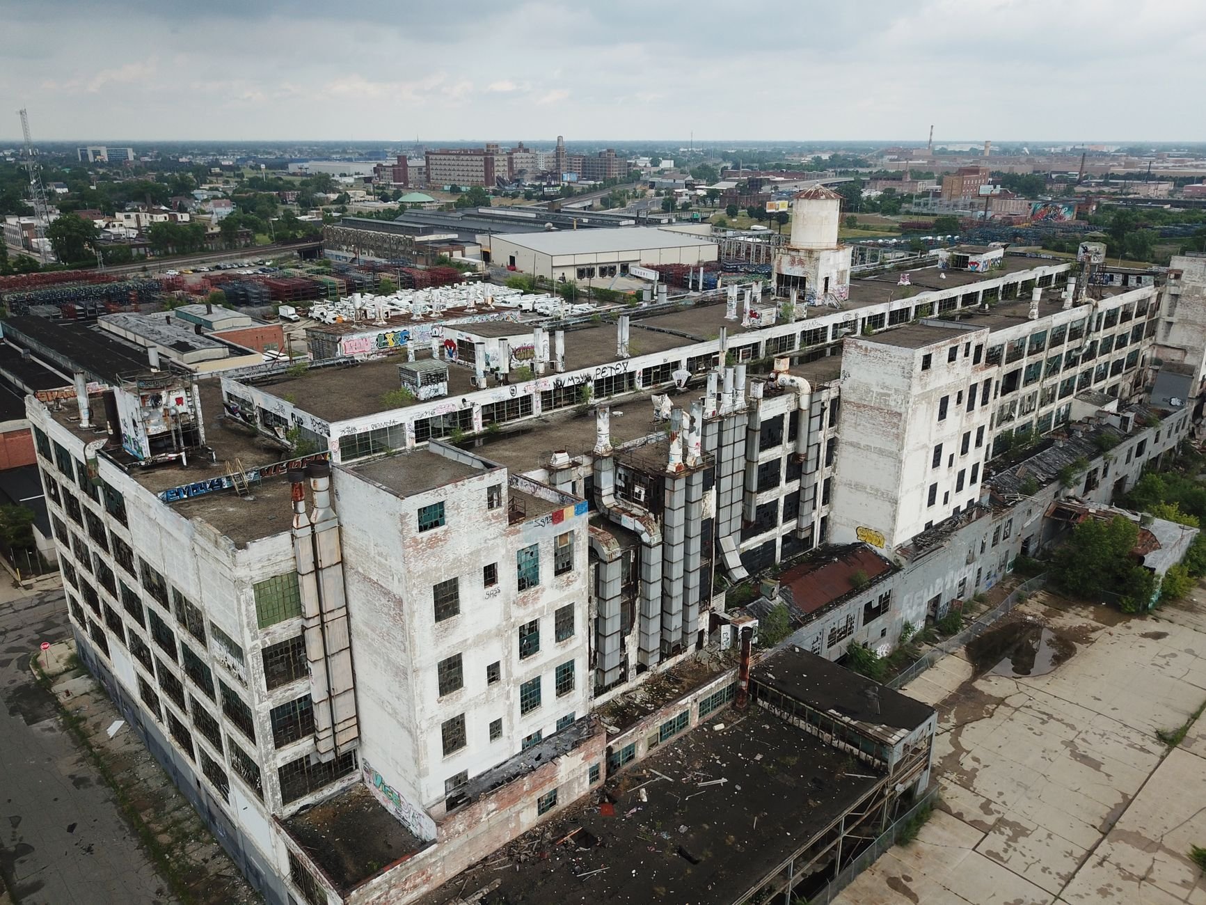 Aerial view of a large industrial building in Detroit, Michigan — the city's manufacturing heritage